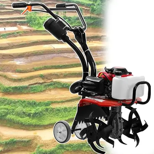 Labrador de jardín de gasolina ligero y compacto de 4 tiempos con asas de agarre seguro, cultivo eficiente del suelo y arado para una fácil jardinería
