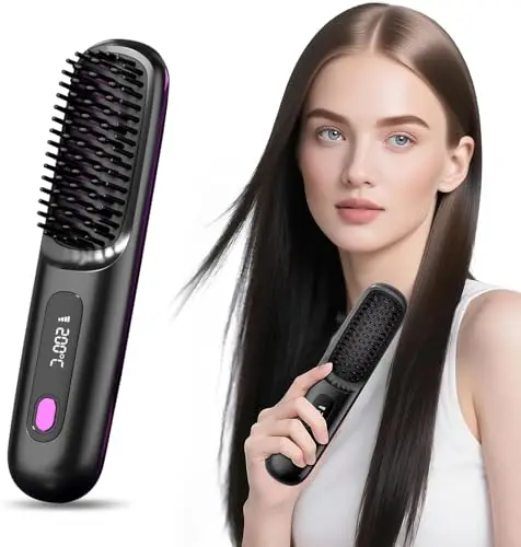 Cepillo Alisador Pelo Inalambrica, Mini Plancha Pelo Peine Alisador de Cabello Electrico Portátil, Recarga USB, con Pantalla LCD, 3 Modos Ajustable, 160-200°C, Calefacción para Viajes y Uso Diario