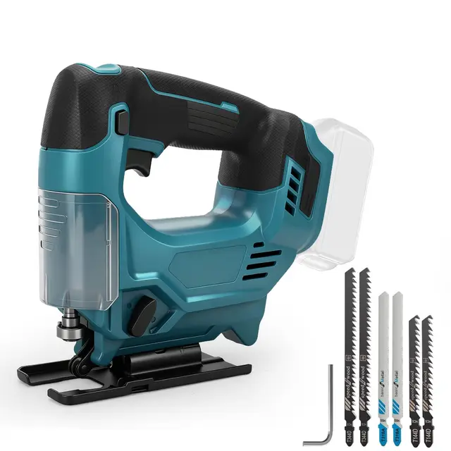 Roadtime Sierra de calar inalámbrica de 420 W para batería Makita de 18 V (sin baterías), motor sin escobillas 800-3500 RPM, ángulo de biselado máximo de 45°, carrera de corte de 26 mm, 6 cuchillas