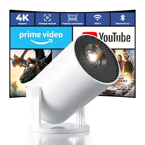 Proyector Portátil 4K Soporte, Apps Integradas & Auto Keystone, 2026 Mini Proyector 20000 Lúmenes con Android 14 WiFi 6 Bluetooth 5.4 Rotación 180° Compatible con HDMI/USB/TV Stick/Smartphone/Laptop