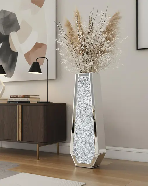 Jarrón de Espejo Grande de Suelo, 68x16x11cm Elegante Jarrones Decorativos Modernos de Diamante Triturado para Hogar Sala Comedor Adecuado para Flores Secas Pampas y No Contener Agua