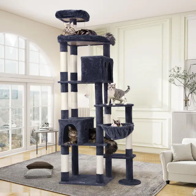 Globlazer Árbol Rascador para Gatos Grandes XXL Alto 213 cm con Nidos, Plataformas Acolchada, Percha Superior, Cesta, Juquetes Gatos, Torre Gato Multinivel para Gato Adultos (F83, Gris Oscuro)