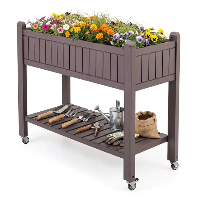 COSTWAY Huerto Urbano Elevado Mesa de Cultivo con Ruedas, Caja de Planta Divisible con Monitor de Agua, Orificio de Drenaje y Estante para Verduras y Hierbas, para Cultivo Plantas Flores Verduras