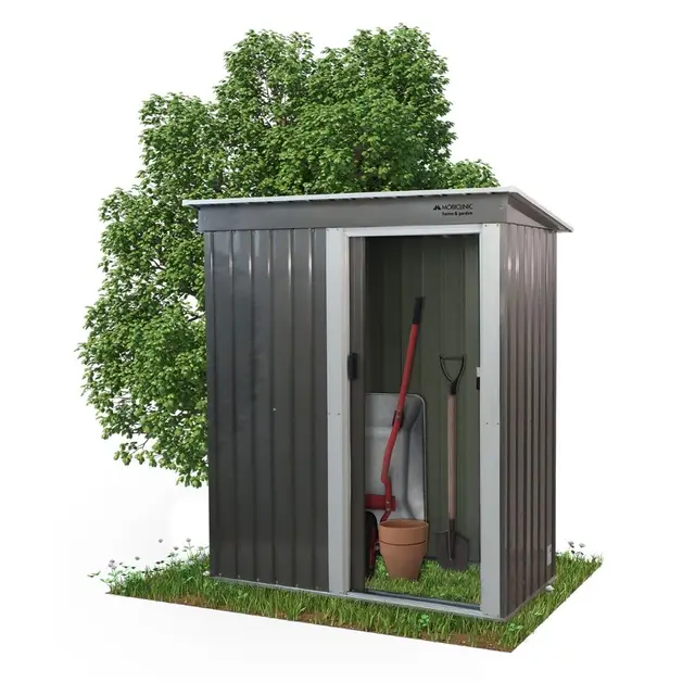 Mobiclinic®, Cobertizo de Jardín, con Puerta Corrediza,150 x 75 x 181 cm, Armario Exterior, con Cerradura para Candado, Nomi, 1.4 m², Techo Inclinado, Almacenamiento Seguro, Resistente, Gris