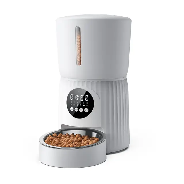 Comedero Gato Automatico, Faroro 4L Dispensador Comida Gatos/Perros con 1 a 6 Comidas Al Día, Control de Porciones, Voz 10s, Alimentación Lenta (Blanco)