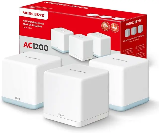 MERCUSYS Halo H1200G (3‑Pack) - WiFi Mesh AC1200 Gigabit Dual Band, Cobertura hasta 320 m², Roaming Inteligente, 1.2 Gbps, 6 Puertos Gigabit, Control por App