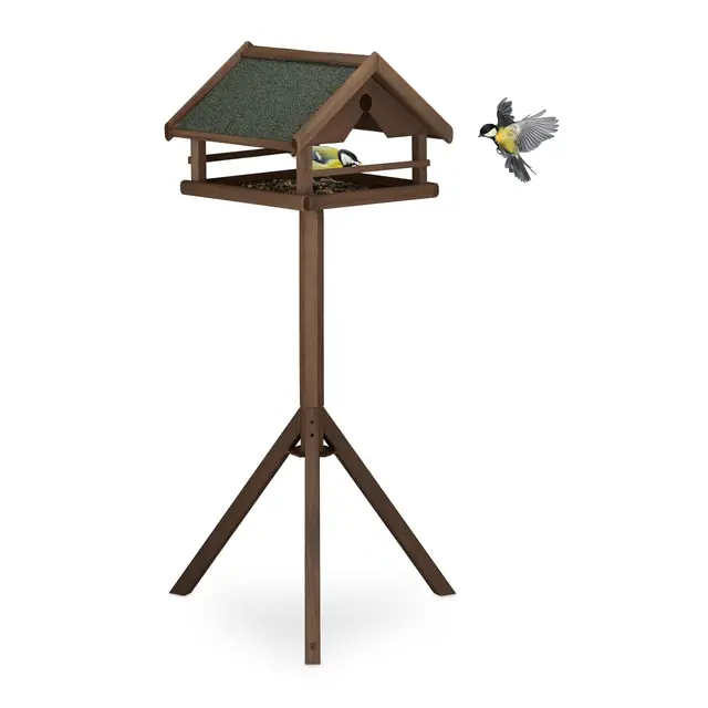 Relaxdays Comedero Pájaros con Soporte, Techo Resistente a Intemperie, Casa Alimentación, Madera, 120x62x55 cm, Marrón