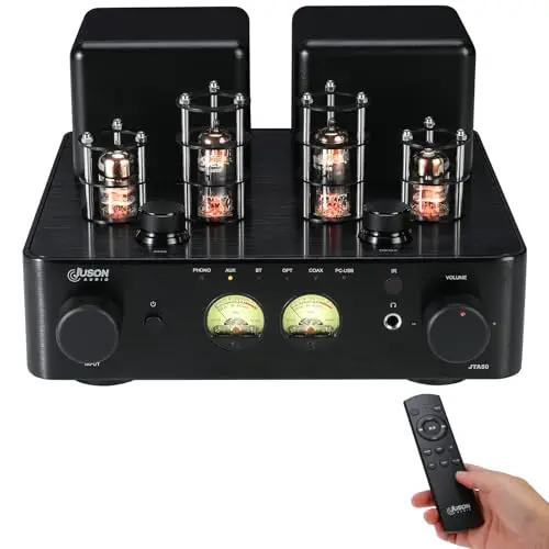 JTA50 2025 Amplificador de Tubos 130 W Hi-Fi de Gama de Entrada con BT 5.0, control remoto, AUX, coaxial, Phono y entrada USB, Salida de Subwoofer, Canal 2.1 para Tocadiscos