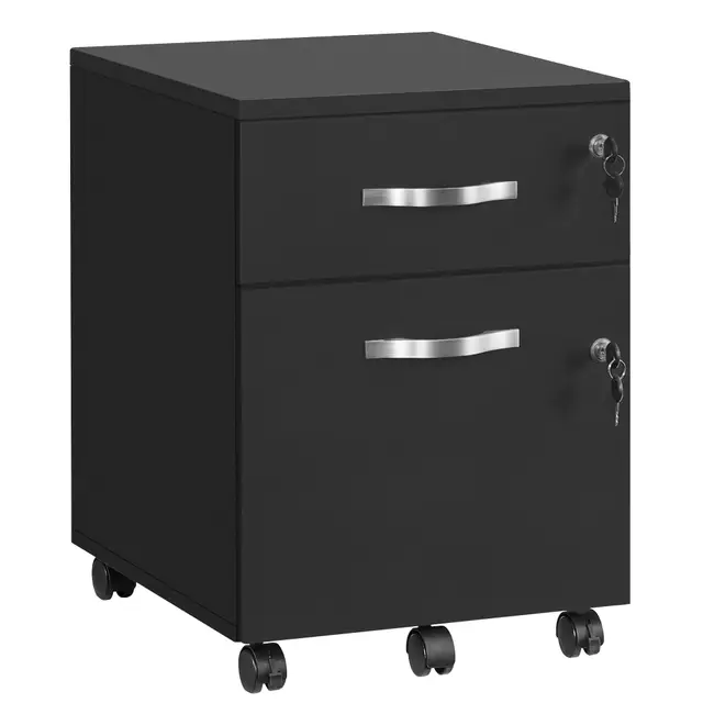 VASAGLE Archivador Móvil con Cerradura, Pequeño Armario de Oficina con 2 Cajones, 5 Ruedas, Barras Colgantes Ajustables, A4, Archivo Colgante de Tamaño Carta, Negro Tinta LCD22BV1