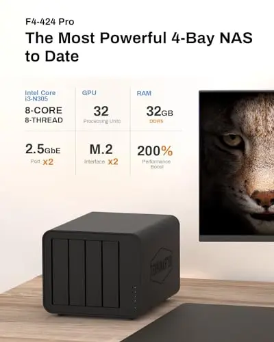 TERRAMASTER F4-424 Pro NAS Almacenamiento - 4 Bahías, CPU Core i3-N305 8 Núcleos y 8 Hilos, 32GB RAM DDR5, Puerto 2.5GbE x 2, Almacenamiento Conectado a la Red de Máximo Rendimiento para Empresas
