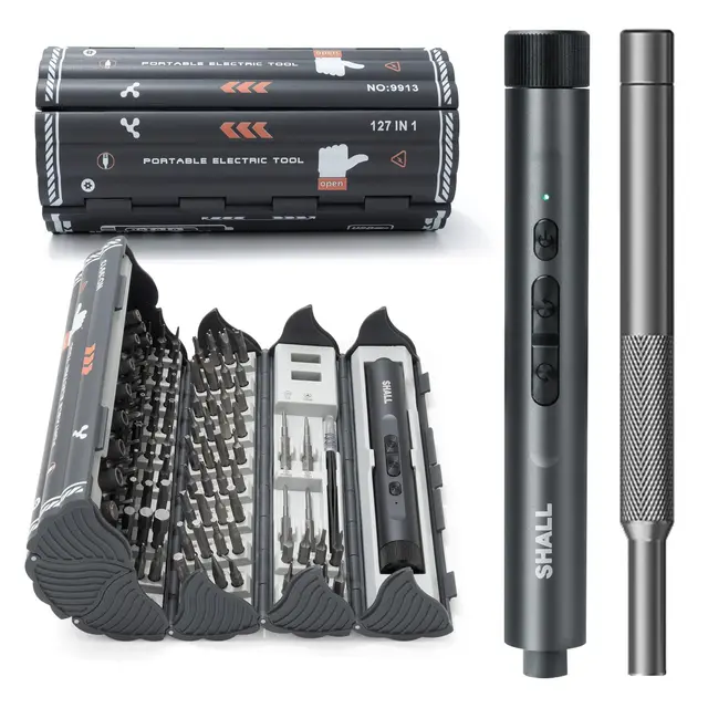 SHALL 127 piezas Mini-destornillador eléctrico-set, 120 piezas S2-bits con destornilladores eléctricos y manuales en estilo pin para computadoras portátiles, iPhones, gafas y electrónica