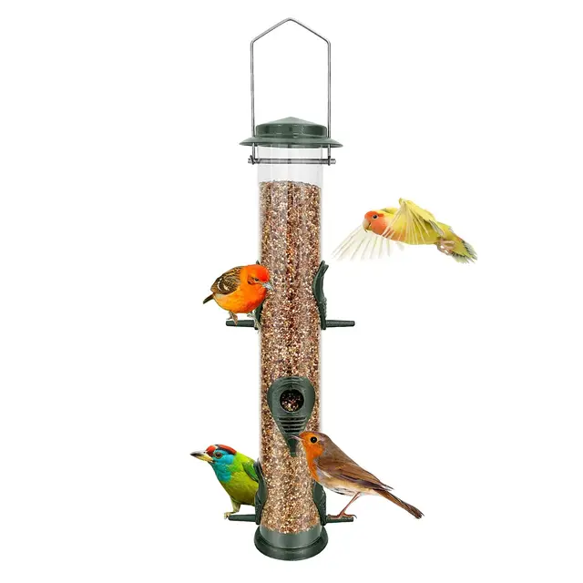 Pajarera de metal con tubo para colgar, comedero para pájaros silvestres, 6 puertos, de metal con gancho de acero resistente a la intemperie e impermeable, ideal para atraer el verde de las aves