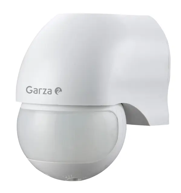Garza - Detector de movimiento por infrarrojos para interior y exterior, protección IP44, tiempo y luminosidad regulables, ángulo detección 180º, blanco