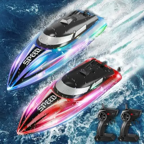 JONRRYIN Barco Teledirigido 2 Piezas, 2.4GHz Barcos Teledirigidos con Luces LED y Alarma de Batería Baja, Barcos RC Regalo para Niños y Adulto (Rojo+Azul)