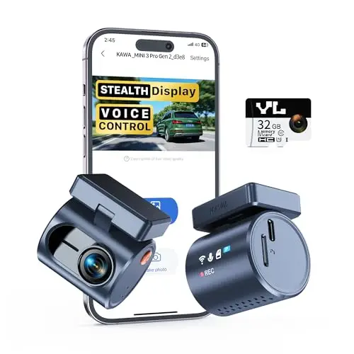 KAWA Dashcam - Pantalla Transparente, 2K1296P Cámara para Coche,Control por Voz, WDR/3D DNR, Visión Nocturna, Sensor G, Supercondensador, Incluye Tarjeta SD 32GB, App Control