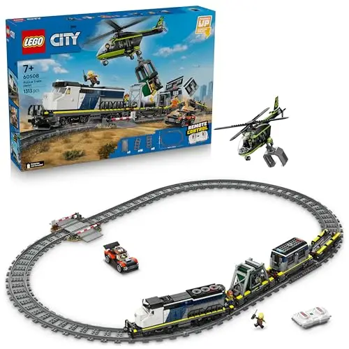 LEGO City Asalto al Tren de Policía de Juguete - Maqueta de Tren Eléctrico Teledirigido y Vía - Helicóptero, Coche de Rally y 6 Minifiguras - Regalo de Cumpleaños para Niños de 7+ Años - 60508