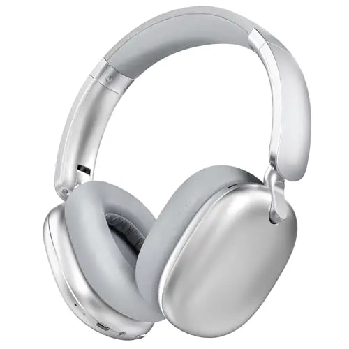 Auriculares C6 con Cancelación Activa de Ruido, Auriculares Bluetooth Over-Ear Inalámbricos, Diseño Ligero y Plegable con Copas Profundas para Bass Potente y Ajuste Cómodo, Color Plateado