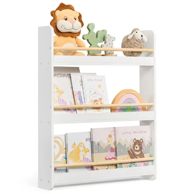 SONGMICS Estantería Infantil, Estante con 3 Niveles, para Juguetes, Estantería de Pared, para Habitación de Niños, Cuarto de Juegos, Blanco y Natural GKR013W02