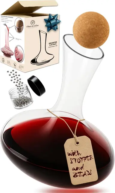 Decantador de Vino con Accesorios (Tapón de Corcho + Bolas Limpiadoras) - Jarra de Cristal 100% Sin Plomo - Oxigenador y Aireador para su Tinto - Regalo Original y Decorativo