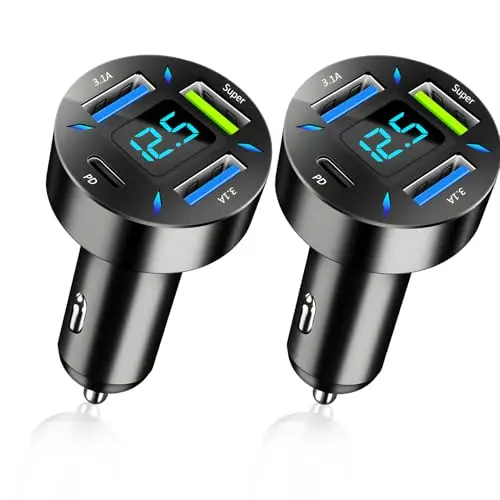2 PCS 4 Puertos Cargador Mechero USB Carga Rapida, 66W Super y PD, con Voltímetro Led, Cargador Rápido Compatible con Múltiples Dispositivos y Todos Los Teléfonos Inteligentes