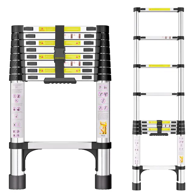 Escalera telescópica de Acero Inoxidable, 2,6m Escalera Plegable Portátil, Escalera Extensible con Patas Antideslizantes, Ideal para áticos, techos, autocaravanas, decoración y Mantenimiento