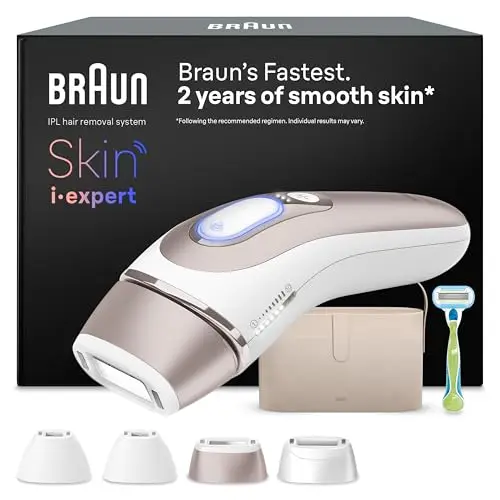 Braun Luz Pulsada Skin i·expert Smart IPL, Alternativa a Depiladora Laser con Inteligencia Artificial, Eliminación del Vello en Casa, Neceser, Maquinilla Venus, 4 Cabezales, Blanco/Bronce, PL7387