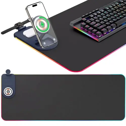 Alfombrilla de Ratón RGB 800 * 300 * 4mm,Alfombrilla Ratón Gaming 15W Carga Inalámbrica Qi, 15 Modos Iluminación LED, Impermeable Antideslizante para Escritorio Oficina Gamer