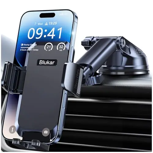 Blukar Soporte Móvil Coche, 2023 Upgraded Ajustable Soporte Teléfono Coche con Ventosa Fuerte & 360° Rotación - Liberación de un Botón Porta Movil Coche para Todos los Teléfonos de 4.0''-7.0'' (Negro)
