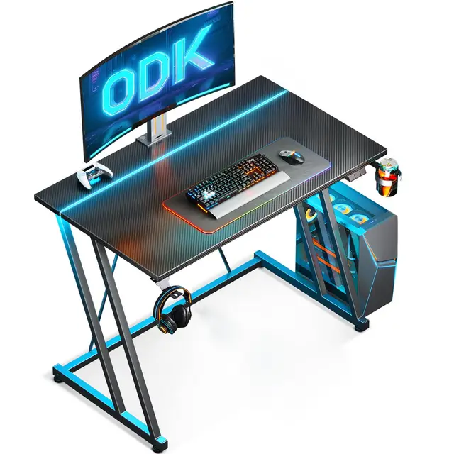 ODK 80 × 50 cm Mesa Gaming con Luces LED, Escritorio Gaming con Soporte para Taza y Gancho para Auriculares, Diseño Doble Z Mesa Mesa Ordenador Fibra de Carbono Negro