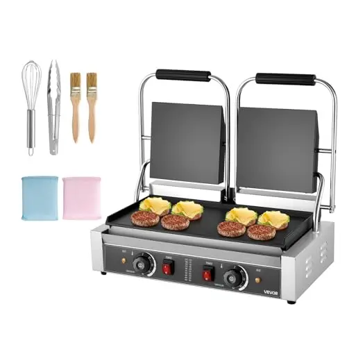 VEVOR Parrilla de Contacto Eléctrica de 3600 W, para Sándwiches, de Acero Inoxidable con Control de Temperatura, Doble Placa Plana Esmaltada de 48 x 23 cm, para Hamburguesas, Filetes y Tocino
