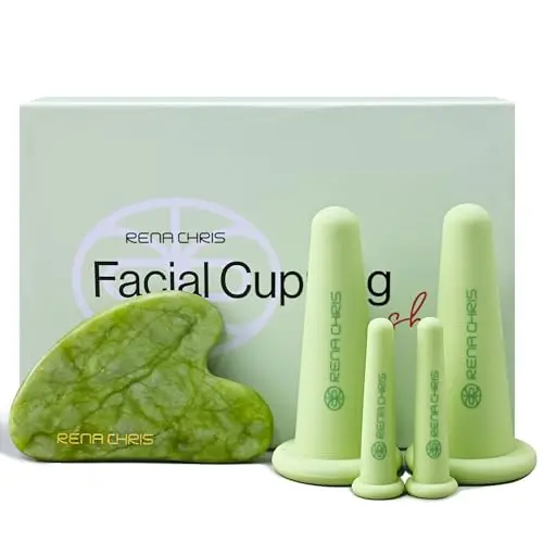 Rena Chris Set de Ventosas Faciales & Gua Sha Herramienta-Ventosas de Silicona & Piedra GuaSha de Jade, Para Cuidado Natural de la Piel, Desinflamar y Volumen de Labios (Verde)