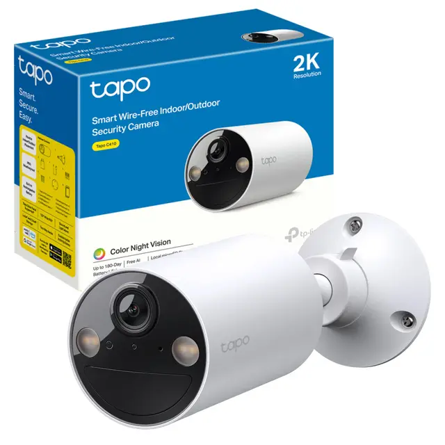 Tapo C410 - Cámara Wi-Fi de Batería para Exterior/Interior, 2K 3MP, 6400mAh, Detección de Personas por IA, Visión Nocturna a Color, No Requiere Hub, Compatible con Panel Solar
