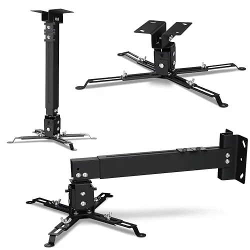 Overmax Ceiling Mount Soporte proyector hasta 20 kg, Longitud Regulable, Ajuste Angular 25 Grados, Fabricado de Acero, Montaje en Pared y Techo, Estructura Ligera y Estable (Black)