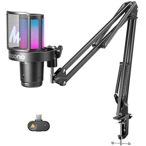 MAONO DGM20WS Micrófono Inalámbrico para PC, Micrófono USB de Condensador con Brazo para Gaming y Streaming, Reducción Ruido Táctil, Mute Rápido, Control Ganancia, RGB, Compatible PS5 Twitch Discord