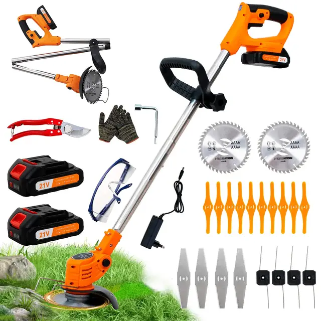 OUTIGO Desbrozadora a batería, desbrozadora eléctrica a batería, Equipada con 2 baterías y 4 Cuchillas, cortacésped Plegable de 800 W, Adecuado para Cortar el césped de Jardines y arbustos