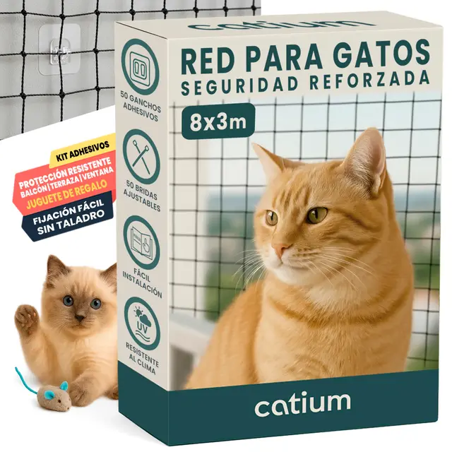 Red Para Gatos 8x3m Seguridad Reforzada Ideal Balcón Ventana Terraza Protección Exterior Interior Malla Antidesgarro Duradera Montaje Kit Completo Ganchos Adhesivos Bridas Juguete Regalo (8x3 metros)