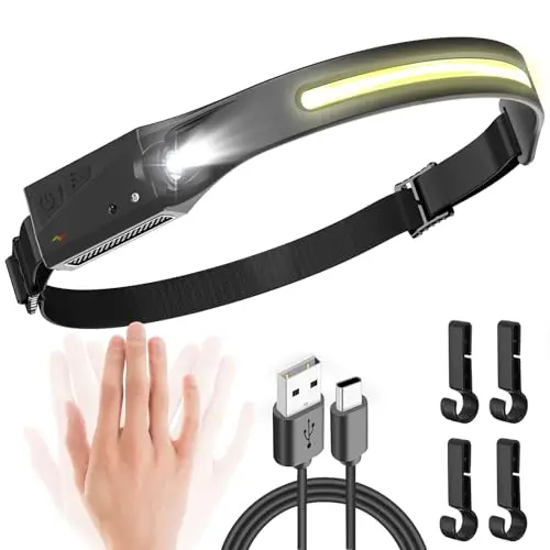 UNBON Linterna Frontal LED Recargable USB C, Super Brillante Linterna Cabeza LED Alta Potencia con Sensor de Movimiento, 5 Modos de Luz, Haz Amplio 230°, IPX4 Impermeable para Correr Pescar Trabajo