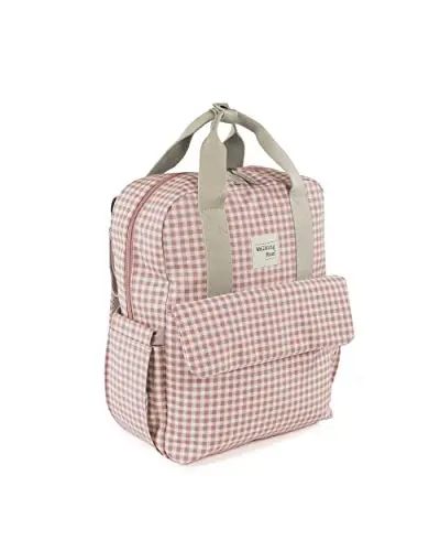 Walking Mum. Bolso Mochila I Love Vichy. Bolsa pañalera para silla de paseo. Diseño versátil con asas cortas y correas para llevar en los hombros. Color Rosa. Medidas 37X28X12 cm.