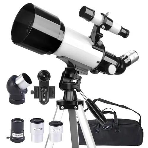 Telescopio 70mm Apertura 400mm Telescopios para Adultos Principiantes Astronomía con Lentes, Visor, Trípode, Bolso, Soporte Móvil, Portátil Refractor Telescopio para Niños & Adultos (Blanco)