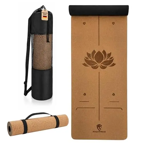 Esterilla de yoga de corcho premium (5 mm, 183 x 66 cm), antideslizante, con líneas de alineación, esterilla de pilates y entrenamiento ecológica, incluye bolsa de transporte