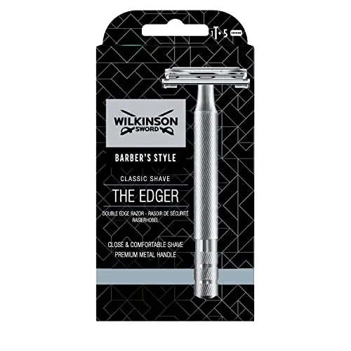 Wilkinson Sword Classic Premium - Máquina de Afeitar Vintage de Acero Cromado para Hombre + 5 Hojas de Afeitar de Doble Filo, Afeitado Clásico Manual, Gris