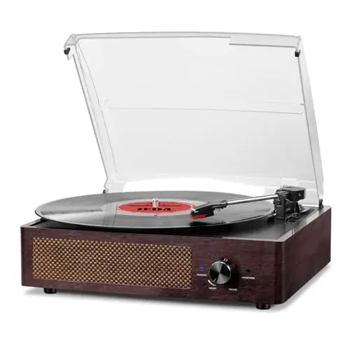 Tocadiscos Vintage Bluetooth con Altavoces Incorporados, 3 Velocidades 33/45/78 RPM, Salida RCA/Aux in - Marrón