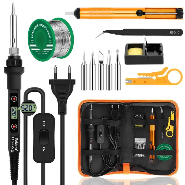 Beizkna Soldador de estaño 80W Kit 13 en 1 Soldador Profesional con Temperatura Ajustable 180℃-520℃, 5pcs Puntas, Bomba Desoldadora, Soporte, Pinzas Antiestáticas, Alambre de Soldadura