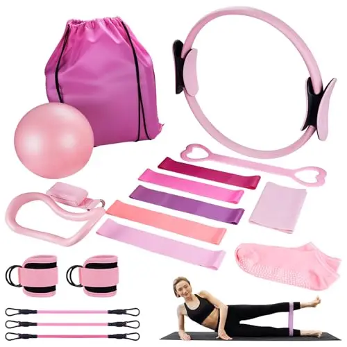 Juego de 18 piezas de anillos de pilates, incl. anillo de pilates, bola de yoga, banda de fitness, anillo de tensión, anillo de masaje, compatible con equipos de fitness para gimnasio en
