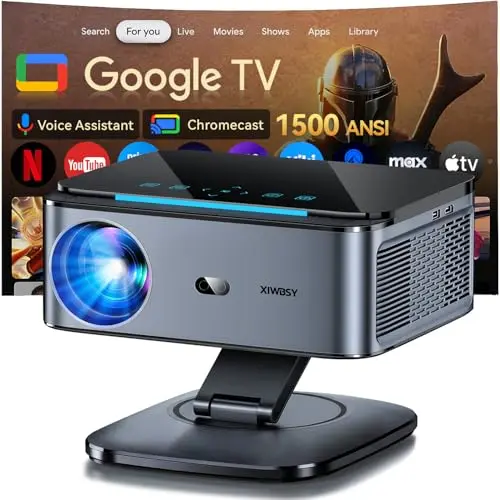 Proyector【1500 ANSI/Google TV/Auto Focus】 XIWBSY Proyector Portatil 38000 Lúmenes, Gira 360 °, WiFi 6 Bluetooth 5.3, Control por Voz, Soporte 4K 1080P, Proyectores Video Cine En Casa/Exterior