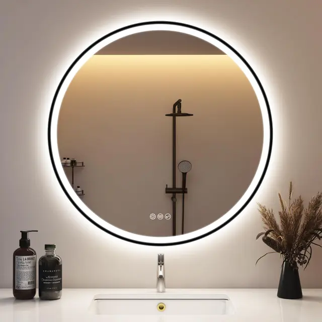 STARLEAD Negro Espejo-Baño-Redondo-con-Luz y Bluetooth 80cm, Espejos-de-Baño-LED con Antivaho, Regulable, 3 Colores Luz, Memoria, IP44, Vidrio Templado, Marco No Metálico