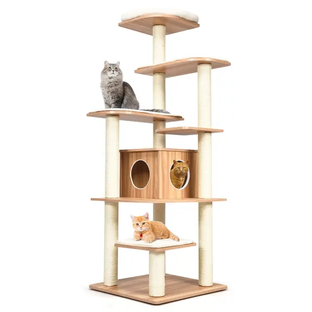 GOPLUS Árbol para Gatos de Madera de XXL 175 CM, Torre para Gatos de 6 Niveles con Poste Rascador de Sisal, Diseño Antivuelco, Cojines Cómodos, 59×49×140CM