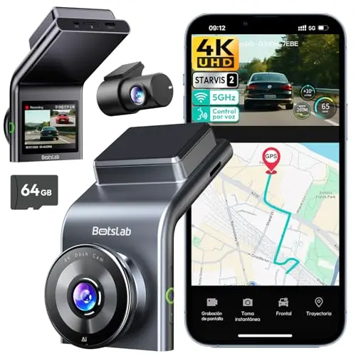 BOTSLAB 4K Cámara Doble para Salpicadero Delantera y Trasera, Sensor STARVIS 2, GPS Integrado, Control por Voz, Cámara WiFi de 5 GHz para Automóviles, Tarjeta de 64 GB Incluida.