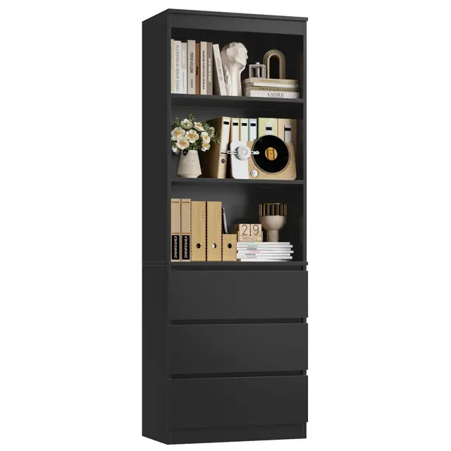 FirFurd 180cm Estantería con 3 Cajones, Estantería Almacenaje Madera, Librería Estantería, Mueble Organizar Documentos, Archivadores, Carpetas, Libros, para Oficina, Salón, Negro, 60x35x180cm