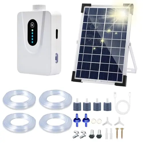 Bomba de Aire Solar 6W Con Batería 6000mAh - Aireador de Estanque y Acuario, Carga USB y Solar - Oxigenador Con Tubo de Piedras de Burbujas Para Pesca